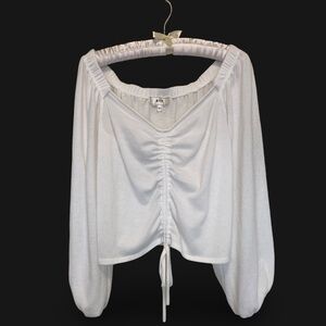 NYTT Off Shoulder White Ruched Drawstring Cropped Long Sleeve Top, Size L